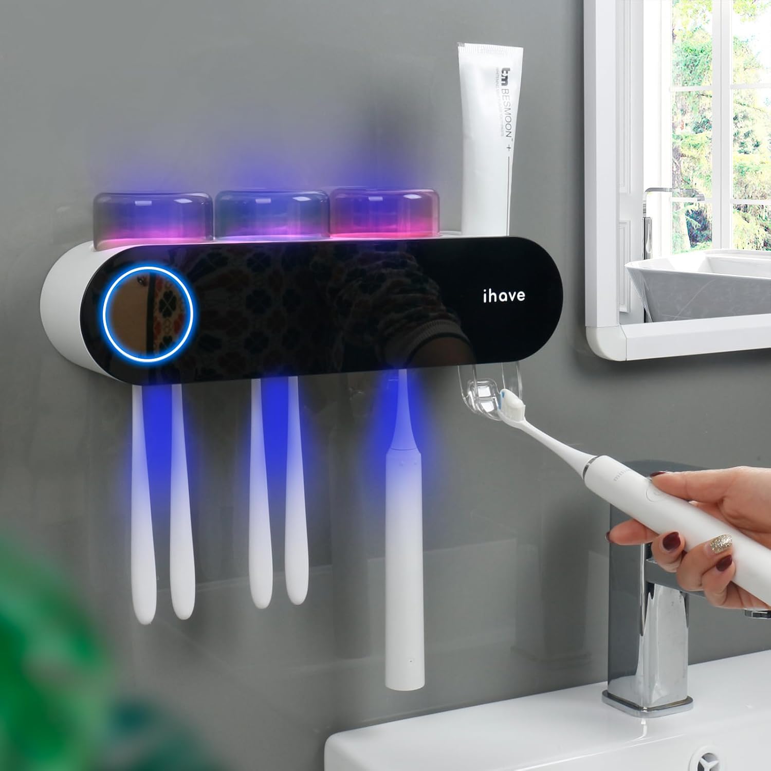 Wall Mounted Electric Toothbrush Holders with 3 Cups, UV Sanitizer, Toothpaste Dispenser, Smart Home Bathroom Accessories & Decor, Black