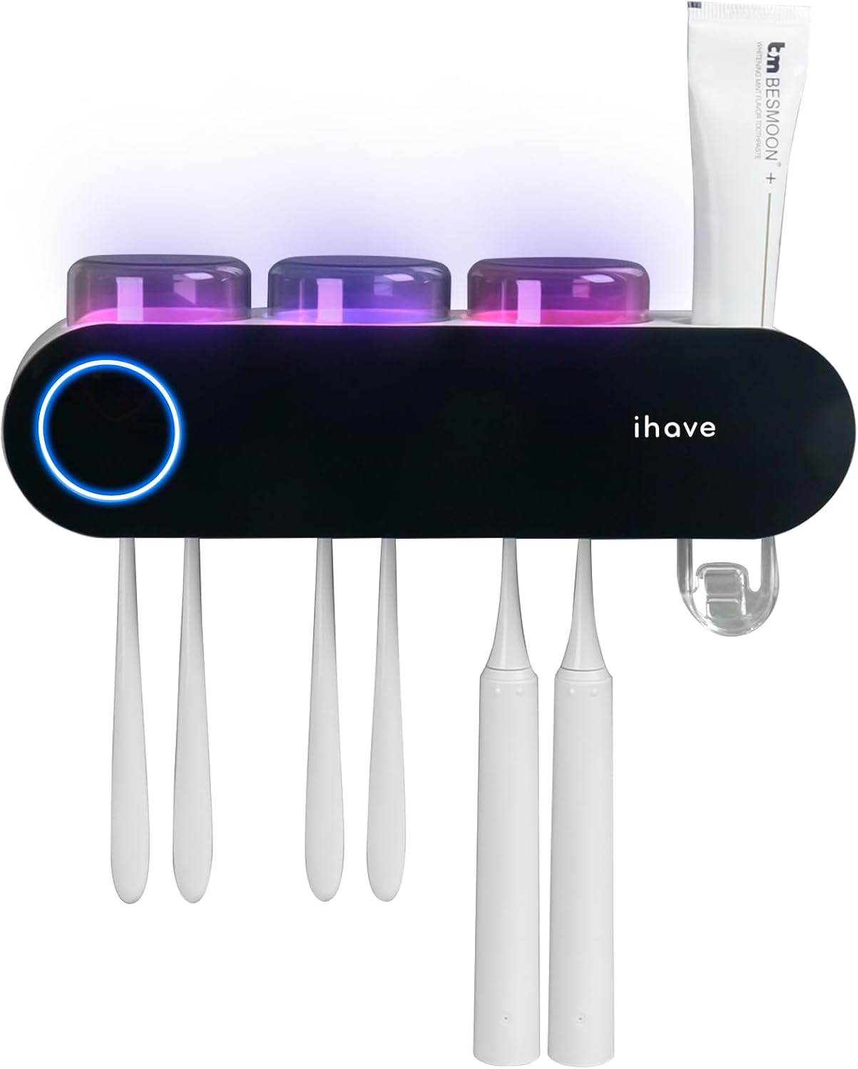 Wall Mounted Electric Toothbrush Holders with 3 Cups, UV Sanitizer, Toothpaste Dispenser, Smart Home Bathroom Accessories & Decor, Black