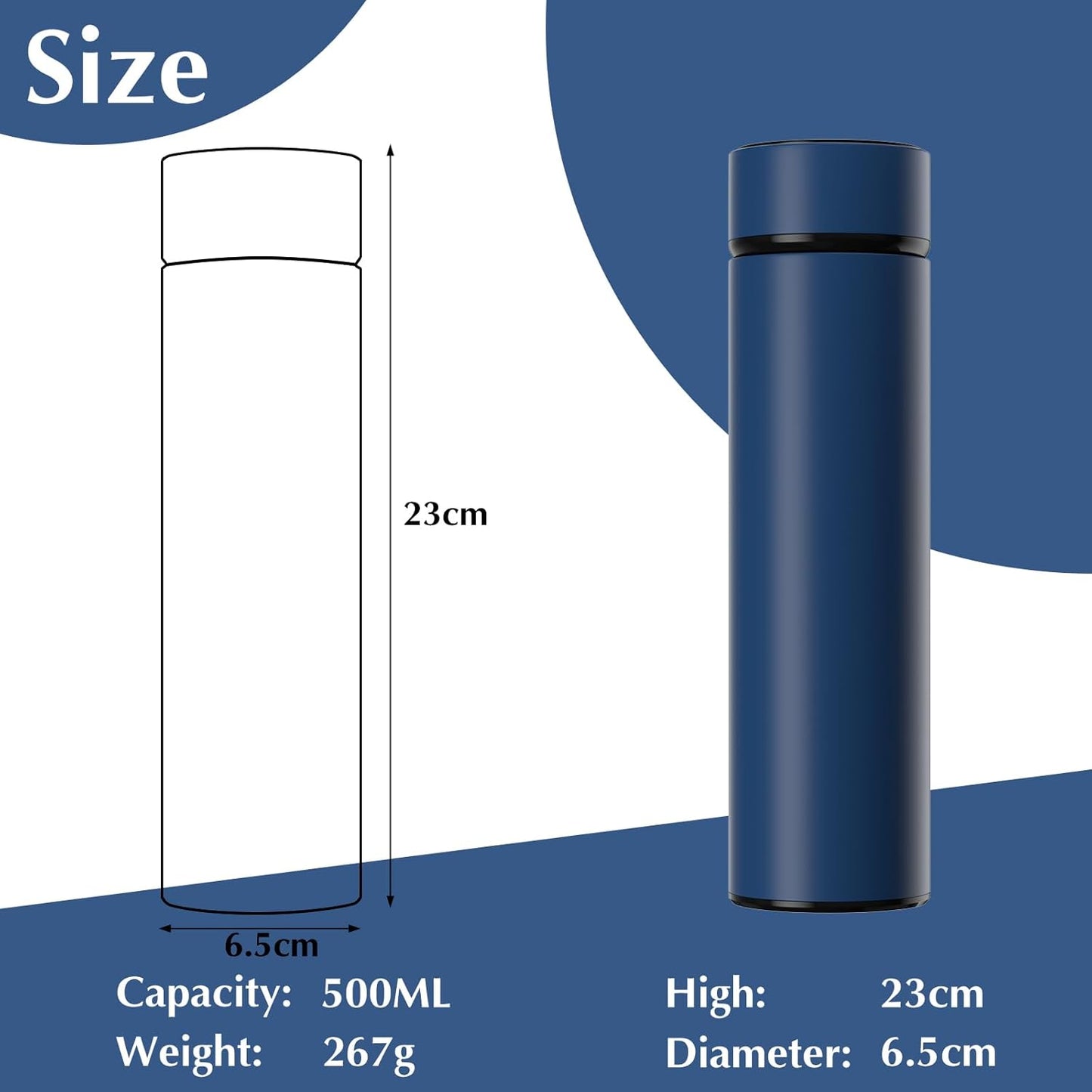 500Ml Coffee Cups Travel Mugs, Water Bottle Vacuum Insulating Cup 304 Stainless Steel, Touch Screen Temperature Gauge, Smart Mug for Heat and Cold (B-Blue)