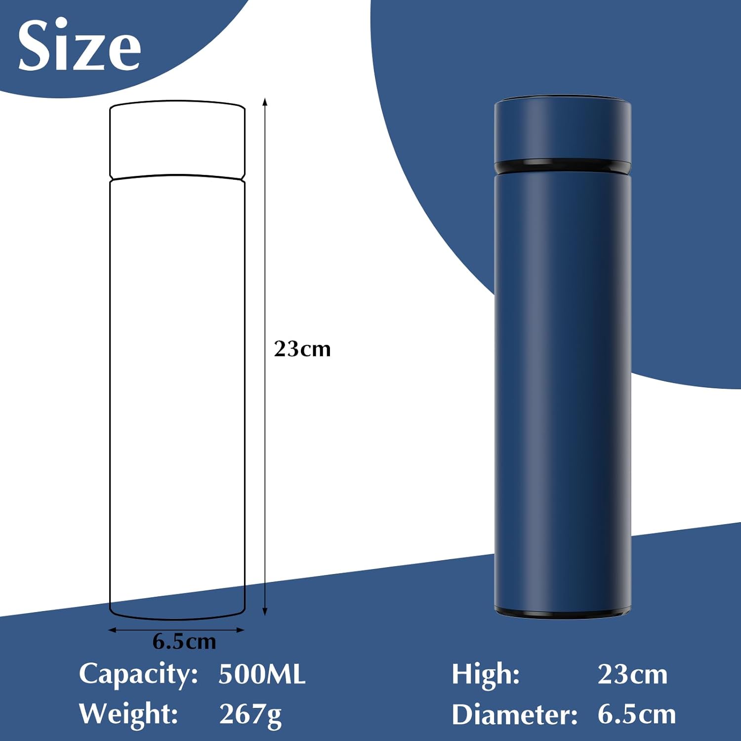 500Ml Coffee Cups Travel Mugs, Water Bottle Vacuum Insulating Cup 304 Stainless Steel, Touch Screen Temperature Gauge, Smart Mug for Heat and Cold (B-Blue)