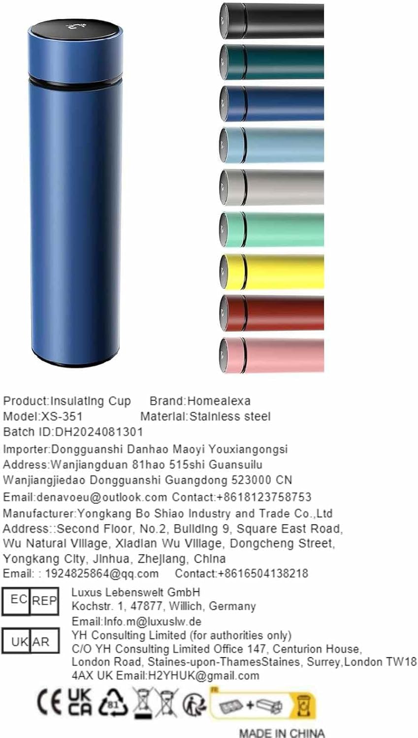 500Ml Coffee Cups Travel Mugs, Water Bottle Vacuum Insulating Cup 304 Stainless Steel, Touch Screen Temperature Gauge, Smart Mug for Heat and Cold (B-Blue)