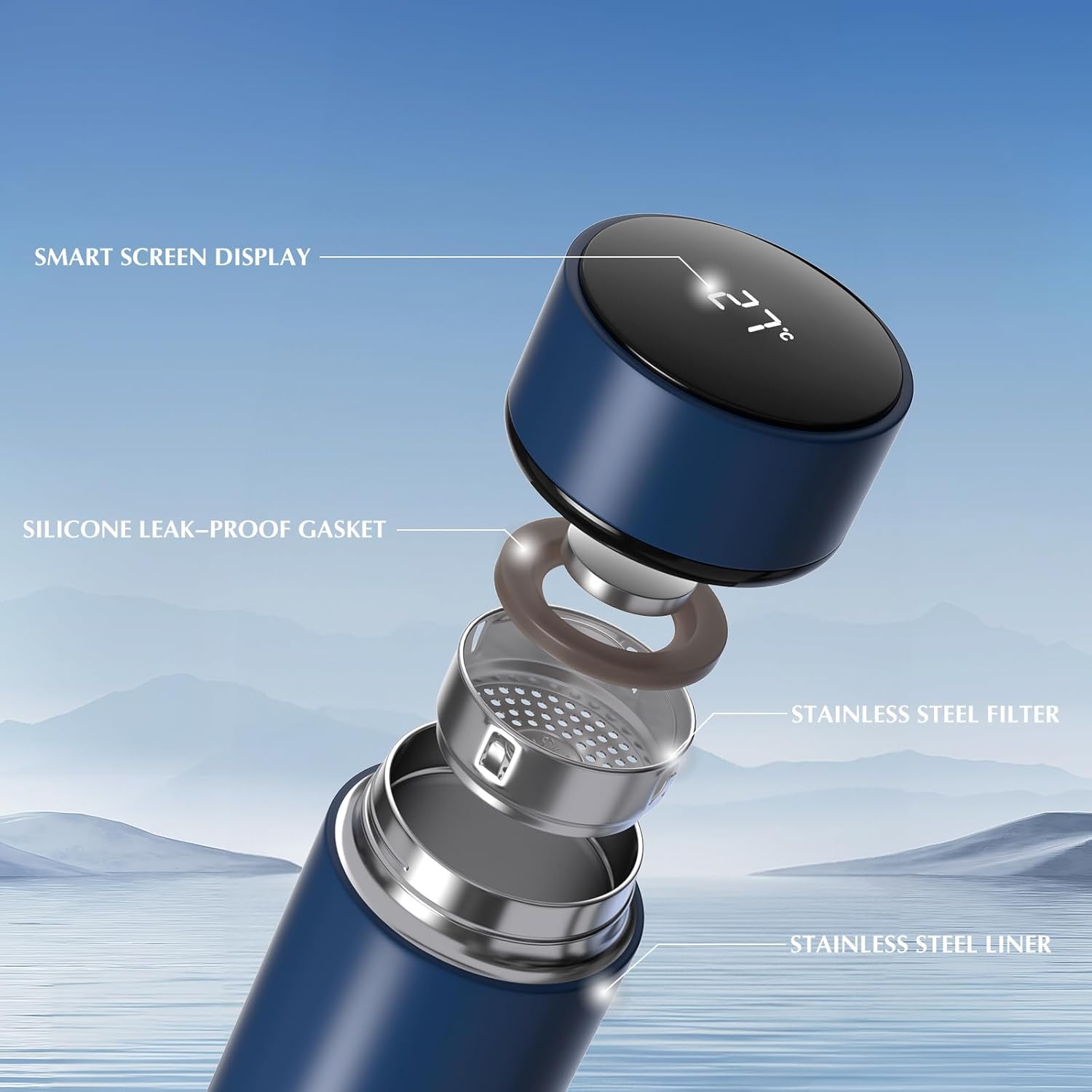 500Ml Coffee Cups Travel Mugs, Water Bottle Vacuum Insulating Cup 304 Stainless Steel, Touch Screen Temperature Gauge, Smart Mug for Heat and Cold (B-Blue)