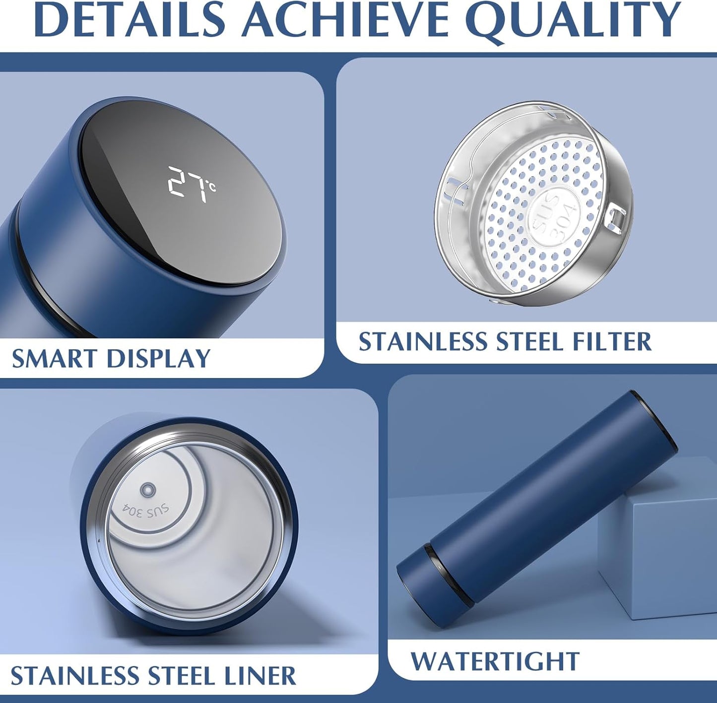 500Ml Coffee Cups Travel Mugs, Water Bottle Vacuum Insulating Cup 304 Stainless Steel, Touch Screen Temperature Gauge, Smart Mug for Heat and Cold (B-Blue)