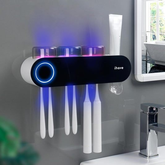 Wall Mounted Electric Toothbrush Holders with 3 Cups, UV Sanitizer, Toothpaste Dispenser, Smart Home Bathroom Accessories & Decor, Black